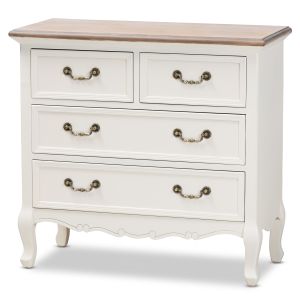 Amalie Antique French Country Cottage Two-Tone White and Oak Finished 4-Drawer Accent Storage Cabinet