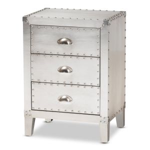 Claude French Industrial Silver Metal 3-Drawer Nightstand