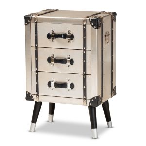 Dilan Vintage Industrial Antique Silver Finished Metal Trunk Inspired 3-Drawer Nightstand