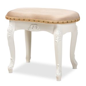 Gabrielle Traditional French Country Provincial Sand Velvet Fabric Upholstered White-Finished Wood Vanity Ottoman