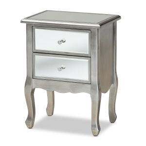 Leonie Modern Transitional French Brushed Silver Finished Wood and Mirrored Glass 2-Drawer Nightstand
