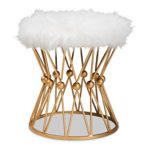 Leonie Glam and Luxe White Faux Fur Upholstered Gold Finished Metal Ottoman