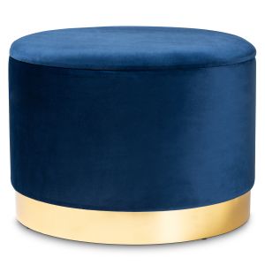 Marisa Glam and Luxe Navy Blue Velvet Fabric Upholstered Gold Finished Storage Ottoman