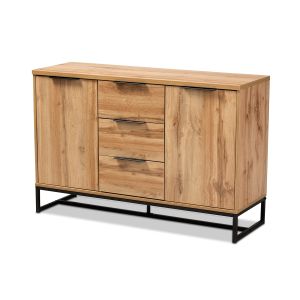 Reid Modern and Contemporary Industrial Oak Finished Wood and Black Metal 3-Drawer Sideboard Buffet