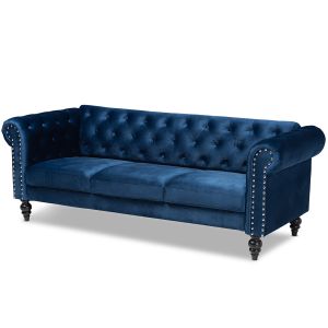 Emma Traditional and Transitional Navy Blue Velvet Fabric Upholstered and Button Tufted Chesterfield Sofa