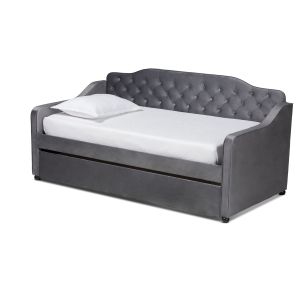 Freda Traditional and Transitional Grey Velvet Fabric Upholstered and Button Tufted Twin Size Daybed with Trundle
