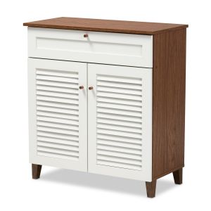 Coolidge Modern and Contemporary White and Walnut Finished 4-Shelf Wood Shoe Storage Cabinet with Drawer