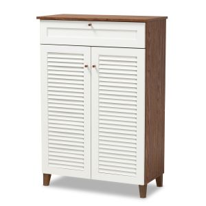 Coolidge Modern and Contemporary White and Walnut Finished 5-Shelf Wood Shoe Storage Cabinet with Drawer