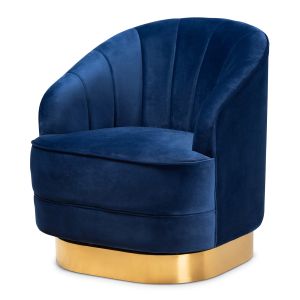 Fiore Glam and Luxe Royal Blue Velvet Fabric Upholstered Brushed Gold Finished Swivel Accent Chair