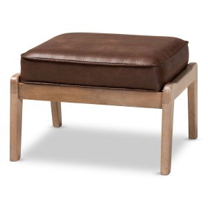 Sigrid Mid-Century Modern Dark Brown Faux Leather Effect Fabric Upholstered Antique Oak Finished Wood Ottoman