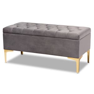 Valere Glam and Luxe Grey Velvet Fabric Upholstered Gold Finished Button Tufted Storage Ottoman