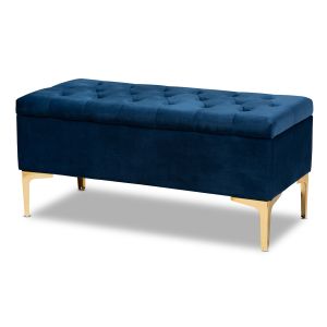 Valere Glam and Luxe Navy Blue Velvet Fabric Upholstered Gold Finished Button Tufted Storage Ottoman