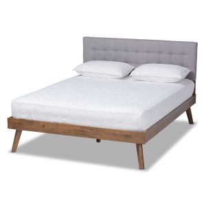 Devan Mid-Century Modern Light Grey Fabric Upholstered Walnut Brown Finished Wood Queen Size Platform Bed