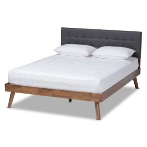 Devan Mid-Century Modern Dark Grey Fabric Upholstered Walnut Brown Finished Wood King Size Platform Bed