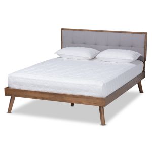 Alke Mid-Century Modern Light Grey Fabric Upholstered Walnut Brown Finished Wood King Size Platform Bed