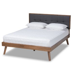 Alke Mid-Century Modern Dark Grey Fabric Upholstered Walnut Brown Finished Wood Queen Size Platform Bed