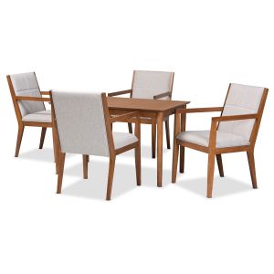 Theresa Mid-Century Modern Greyish Beige Fabric Upholstered and Walnut Brown Finished Wood 5-Piece Dining Set