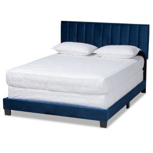 Clare Glam and Luxe Navy Blue Velvet Fabric Upholstered King Size Panel Bed with Channel Tufted Headboard