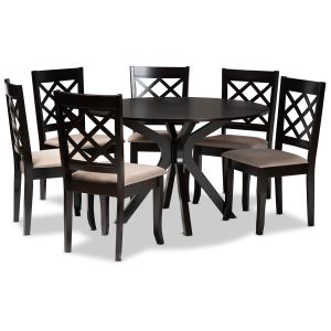 Jana Modern and Contemporary Sand Fabric Upholstered and Dark Brown Finished Wood 7-Piece Dining Set