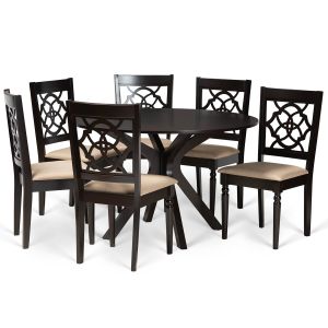Sadie Modern and Contemporary Sand Fabric Upholstered and Dark Brown Finished Wood 7-Piece Dining Set