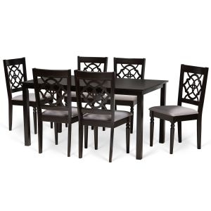Renaud Modern and Contemporary Grey Fabric Upholstered and Dark Brown Finished Wood 7-Piece Dining Set