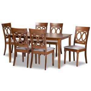 Lucie Modern and Contemporary Grey Fabric Upholstered and Walnut Brown Finished Wood 7-Piece Dining Set