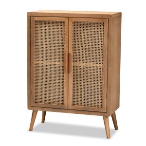 Alina Mid-Century Modern Medium Oak Finished Wood and Rattan 2-Door Accent Storage Cabinet