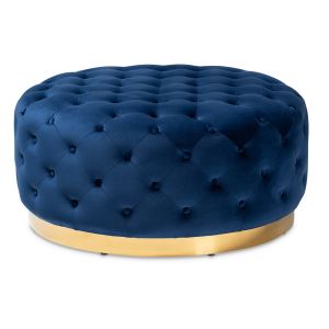 Sasha Glam and Luxe Royal Blue Velvet Fabric Upholstered Gold Finished Round Cocktail Ottoman
