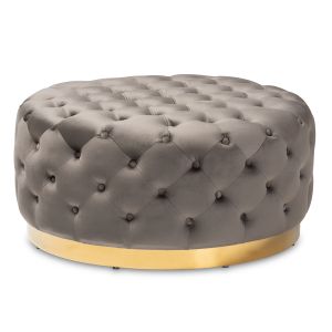 Sasha Glam and Luxe Grey Velvet Fabric Upholstered Gold Finished Round Cocktail Ottoman