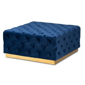Verene Glam and Luxe Royal Blue Velvet Fabric Upholstered Gold Finished Square Cocktail Ottoman