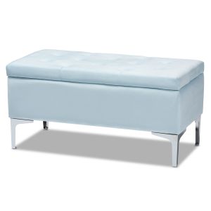Mabel Modern and Contemporary Transitional Light Blue Velvet Fabric Upholstered Silver Finished Storage Ottoman 