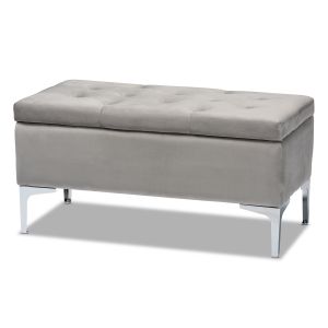 Mabel Modern and Contemporary Transitional Grey Velvet Fabric Upholstered Silver Finished Storage Ottoman 
