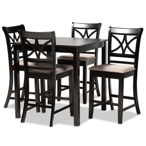 Chandler Modern and Contemporary Sand Fabric Upholstered and Espresso Brown Finished Wood 5-Piece Counter Height Pub Dining Set