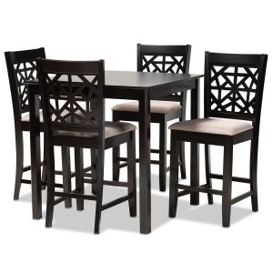 Devon Modern and Contemporary Sand Fabric Upholstered and Espresso Brown Finished Wood 5-Piece Pub Dining Set