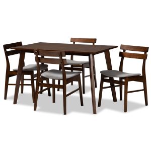 Eleri Mid-Century Modern Transitional Light Grey Fabric Upholstered and Walnut Brown Finished Wood 5-Piece Dining Set