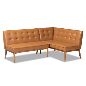 Arvid Mid-Century Modern Tan Faux Leather Upholstered and Walnut Brown Finished 2-Piece Wood Dining Nook Banquette Set
