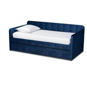 Jona Modern and Contemporary Transitional Navy Blue Velvet Fabric Upholstered and Button Tufted Twin Size Daybed with Trundle