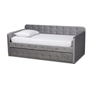 Jona Modern and Contemporary Transitional Grey Velvet Fabric Upholstered and Button Tufted Twin Size Daybed with Trundle