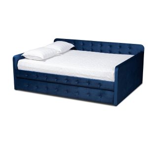Jona Modern and Contemporary Transitional Navy Blue Velvet Fabric Upholstered and Button Tufted Queen Size Daybed with Trundle