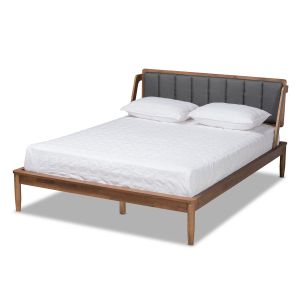 Helsa Mid-Century Modern Dark Grey Fabric Upholstered and Walnut Finished Queen Size Platform Bed