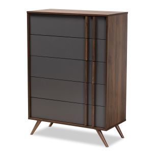 Naoki Modern and Contemporary Two-Tone Grey and Walnut Finished Wood 5-Drawer Bedroom Chest