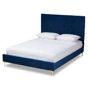 Fabrico Contemporary Glam and Luxe Navy Blue Velvet Fabric Upholstered and Gold Metal Queen Size Platform Bed