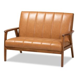 Nikko Mid-century Modern Tan Faux Leather Upholstered and Walnut Brown finished Wood Loveseat