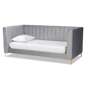 Oksana Modern Contemporary Glam and Luxe Light Grey Velvet Fabric Upholstered and Gold Finished Twin Size Daybed