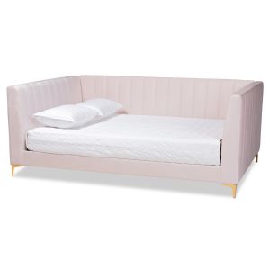 Oksana Modern Contemporary Glam and Luxe Light Pink Velvet Fabric Upholstered and Gold Finished Queen Size Daybed