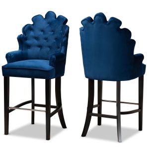 Chloe Modern and Contemporary Navy Blue Velvet Upholstered and Dark Brown Finished Wood 2-Piece Bar Stool Set