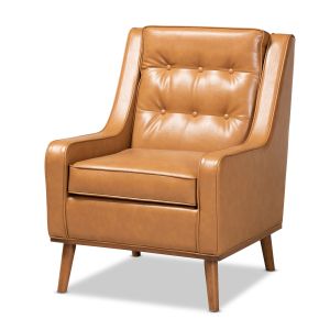 Daley Modern and Contemporary Tan Faux Leather Upholstered and Walnut Brown Finished Wood Lounge Armchair