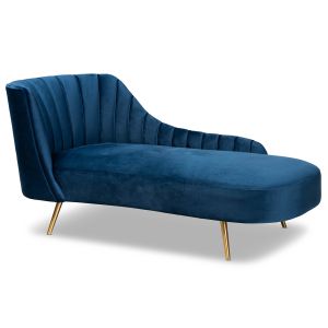 Kailyn Glam and Luxe Navy Blue Velvet Fabric Upholstered and Gold Finished Chaise