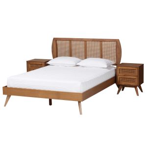 Asami Walnut Brown Finished Wood and Woven Rattan Full Size 3-Piece Bedroom Set