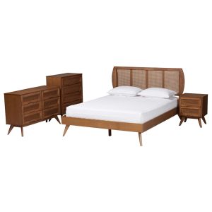 Asami Walnut Brown Finished Wood and Woven Rattan Queen Size 4-Piece Bedroom Set